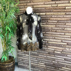Per Se by Carlisle Sheer Brown Gold Floral 100% Silk Lace Trim Blouse